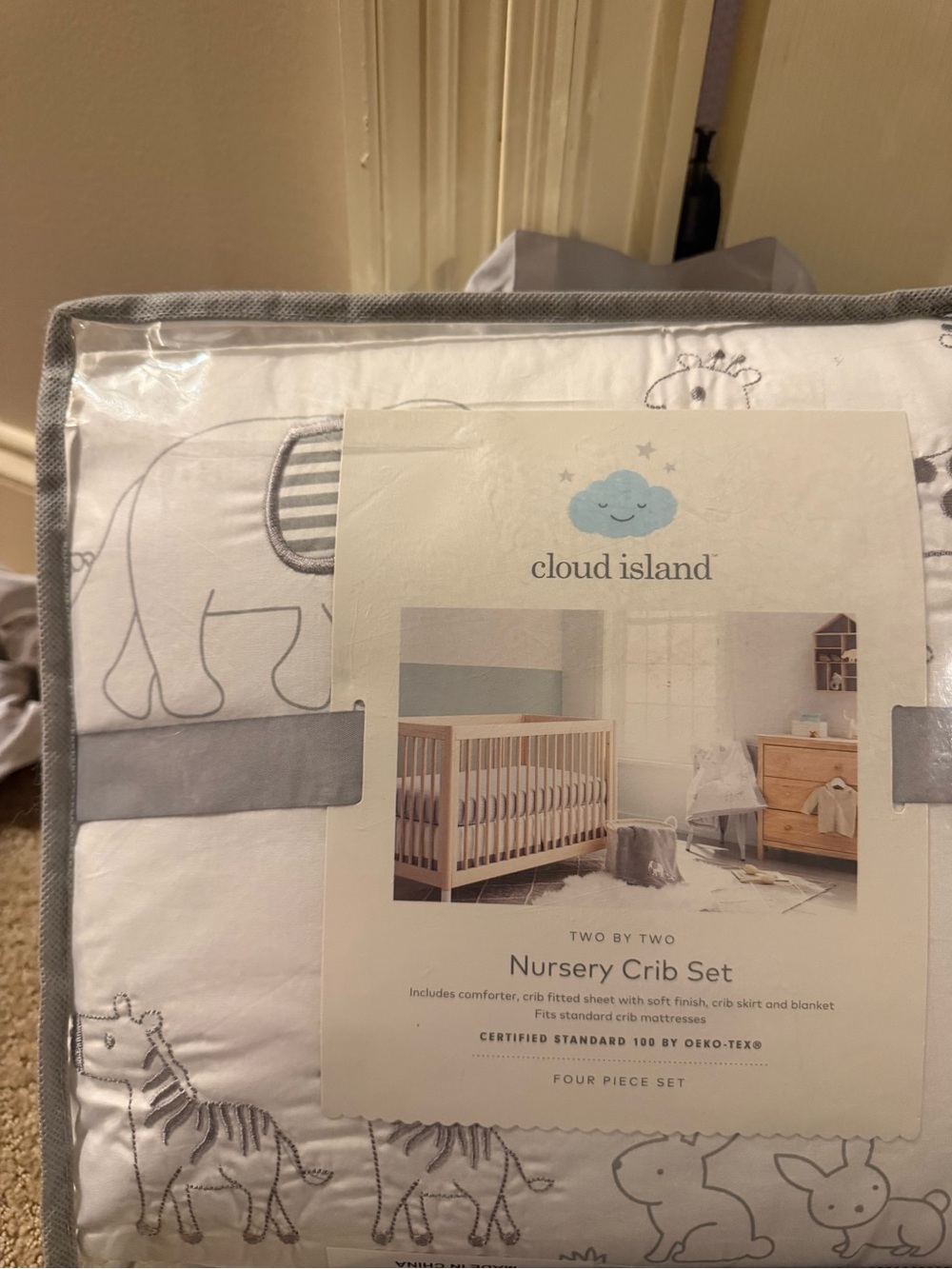 Cloud Island Gray and White Nursery Crib Set new two by two 4 piece set